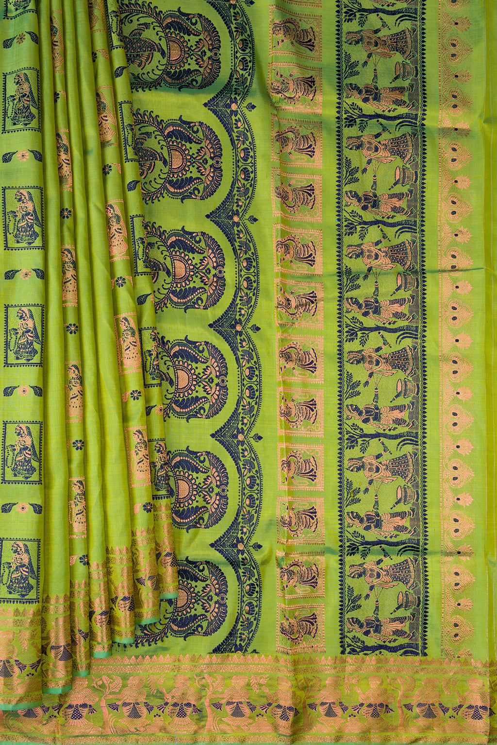 Pleats and pallu of Pure Silk Parrot Green Dual Tone Baluchari Saree with Zari And Thread Butta on the body and Fancy Border. 