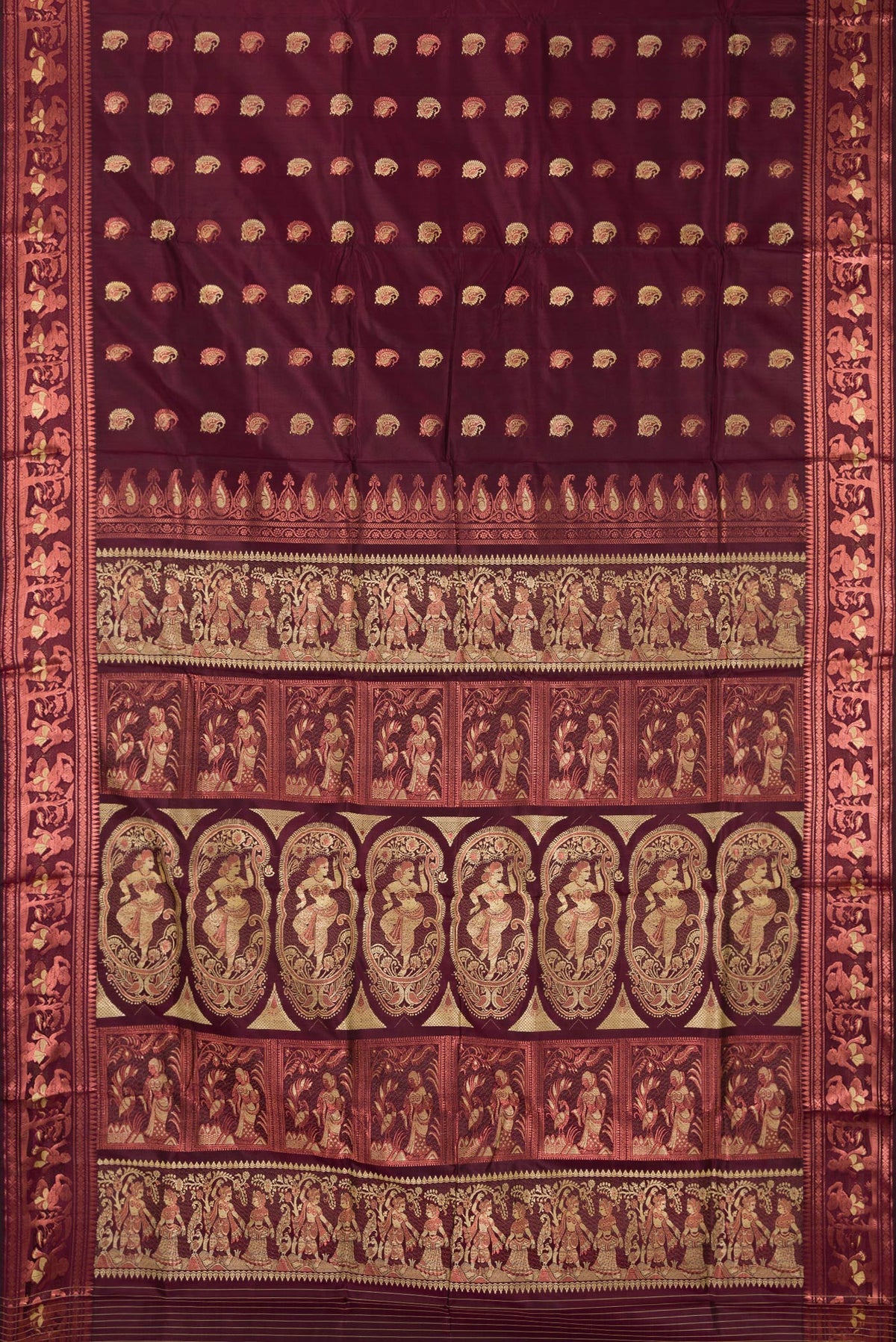 Flat view of Pure Silk Coffee Brown Baluchari Saree with Zari And Thread Butta on the body and Zari And Thread Border. 