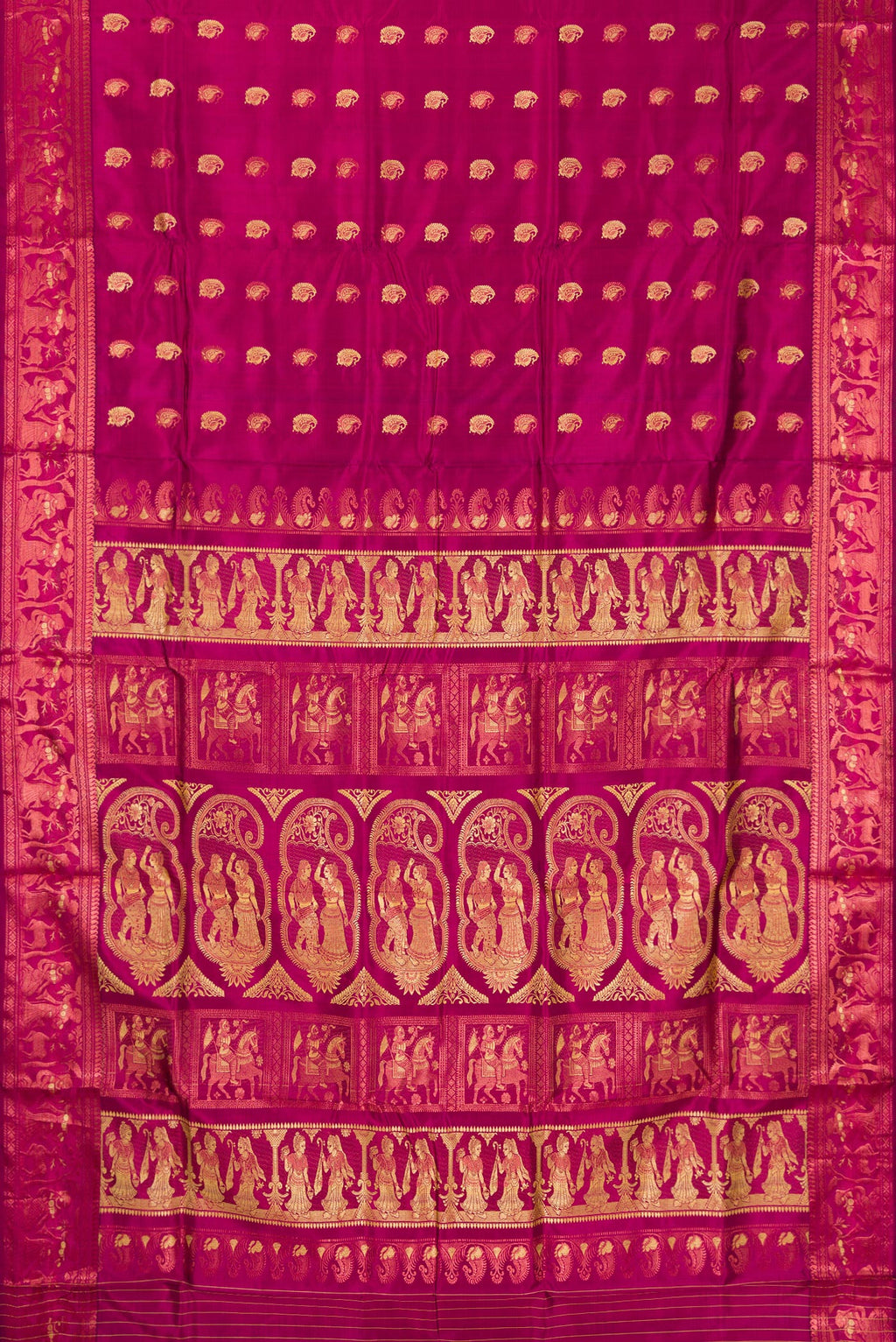 Flat view of Pure Silk Magenta Dual Tone Baluchari Saree with Zari And Thread Butta on the body and Fancy Border. 