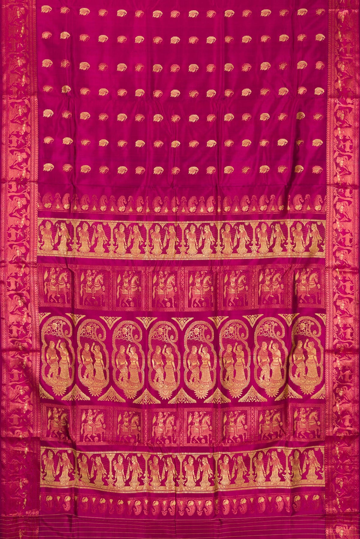 Flat view of Pure Silk Magenta Dual Tone Baluchari Saree with Zari And Thread Butta on the body and Fancy Border. 