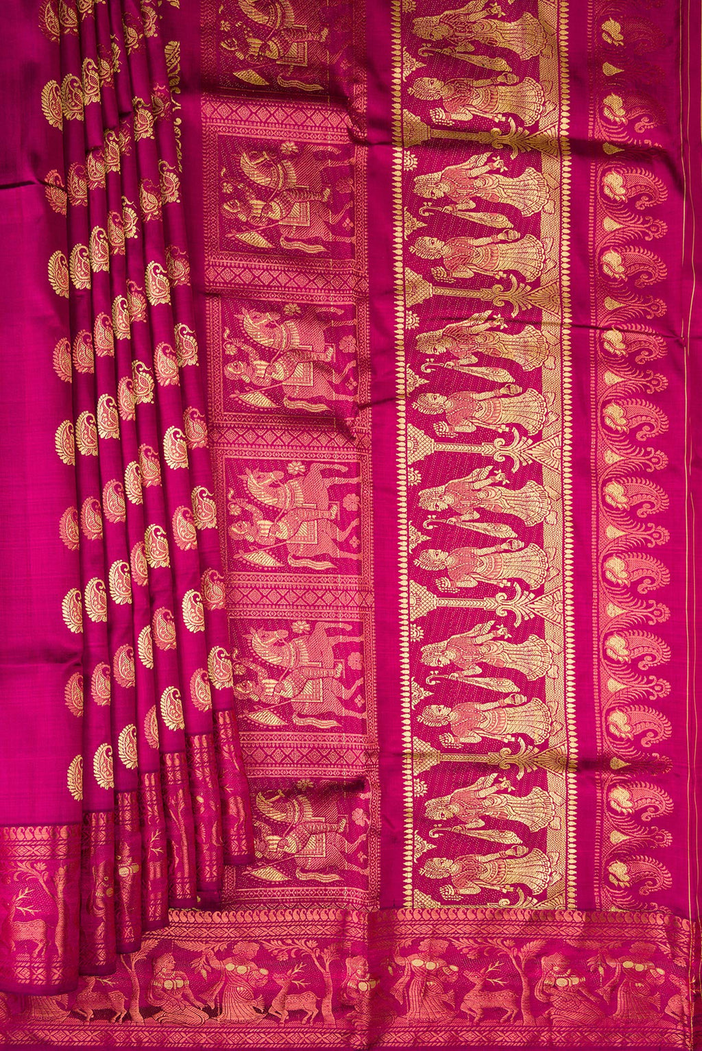 Pleats and pallu of Pure Silk Magenta Dual Tone Baluchari Saree with Zari And Thread Butta on the body and Fancy Border. 