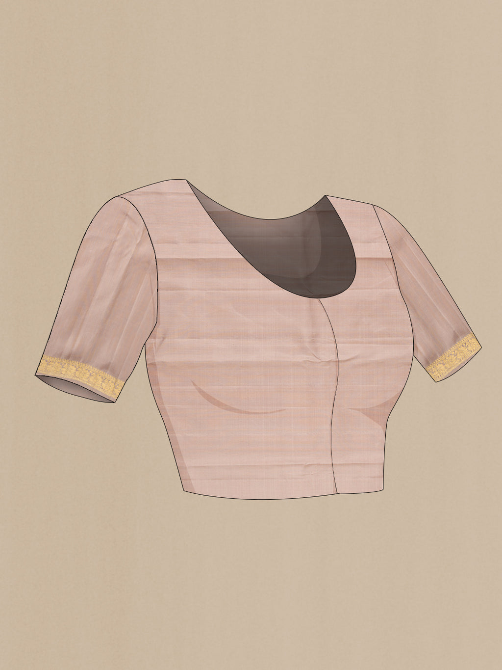 Close up image of the blouse of Pure Silk Rose Gold Kanchipuram Saree with Jacquard design on the body and Zari Border. 
