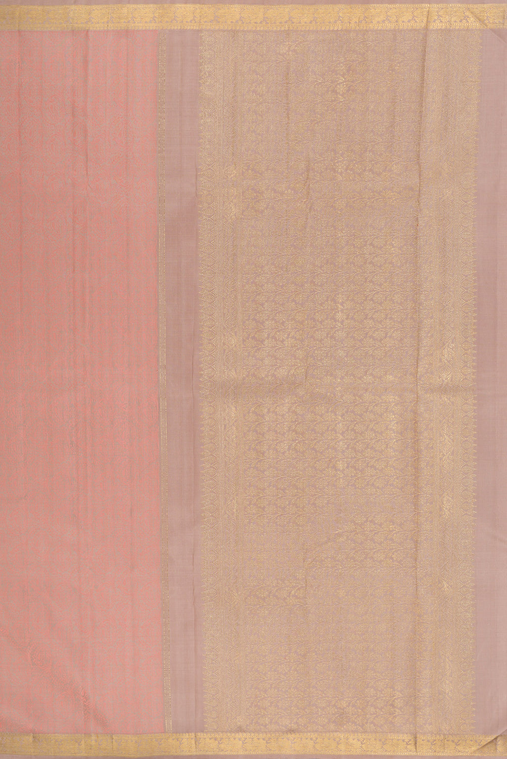 Close up image of the pallu of Pure Silk Rose Gold Kanchipuram Saree with Jacquard design on the body and Zari Border. 