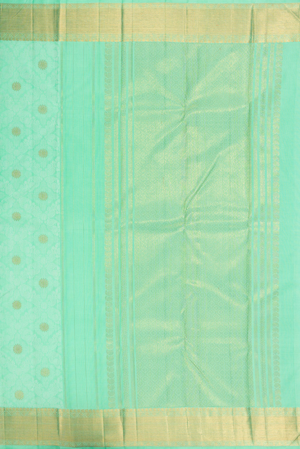 Close up image of the pallu of Pure Silk Pure Zari Sea Green Kanchipuram Saree with Jacquard design on the body and Zari Border. 
