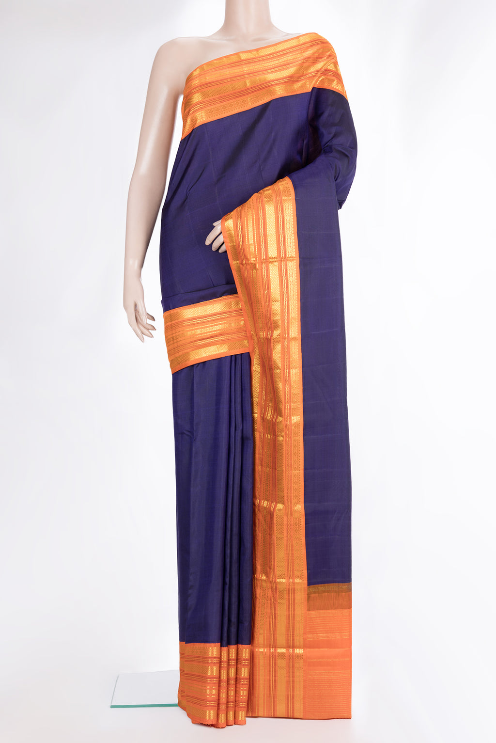 Pure Silk Navy Blue Dual Tone Kanjivaram Saree with Plain Body and Zari Border.  displayed on a mannequin