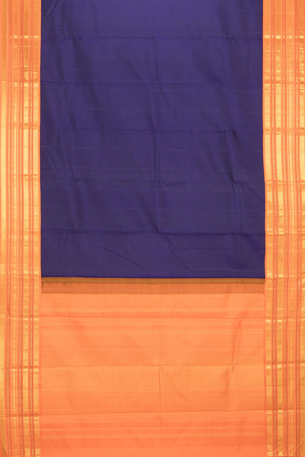 Flat view of Pure Silk Navy Blue Dual Tone Kanjivaram Saree with Plain Body and Zari Border. 