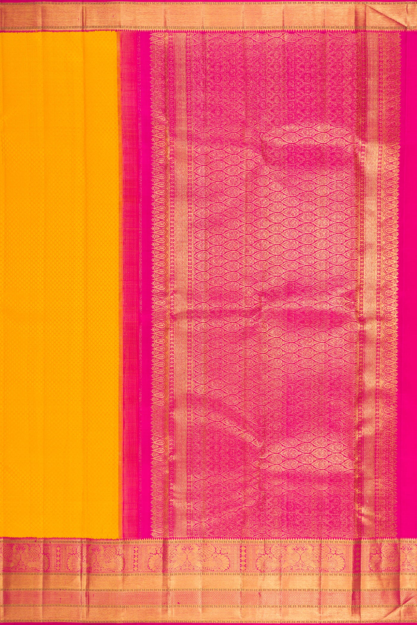 Close up image of the pallu of Pure Silk Yellow Kanjivaram Saree with Jacquard design on the body and Zari Border. 