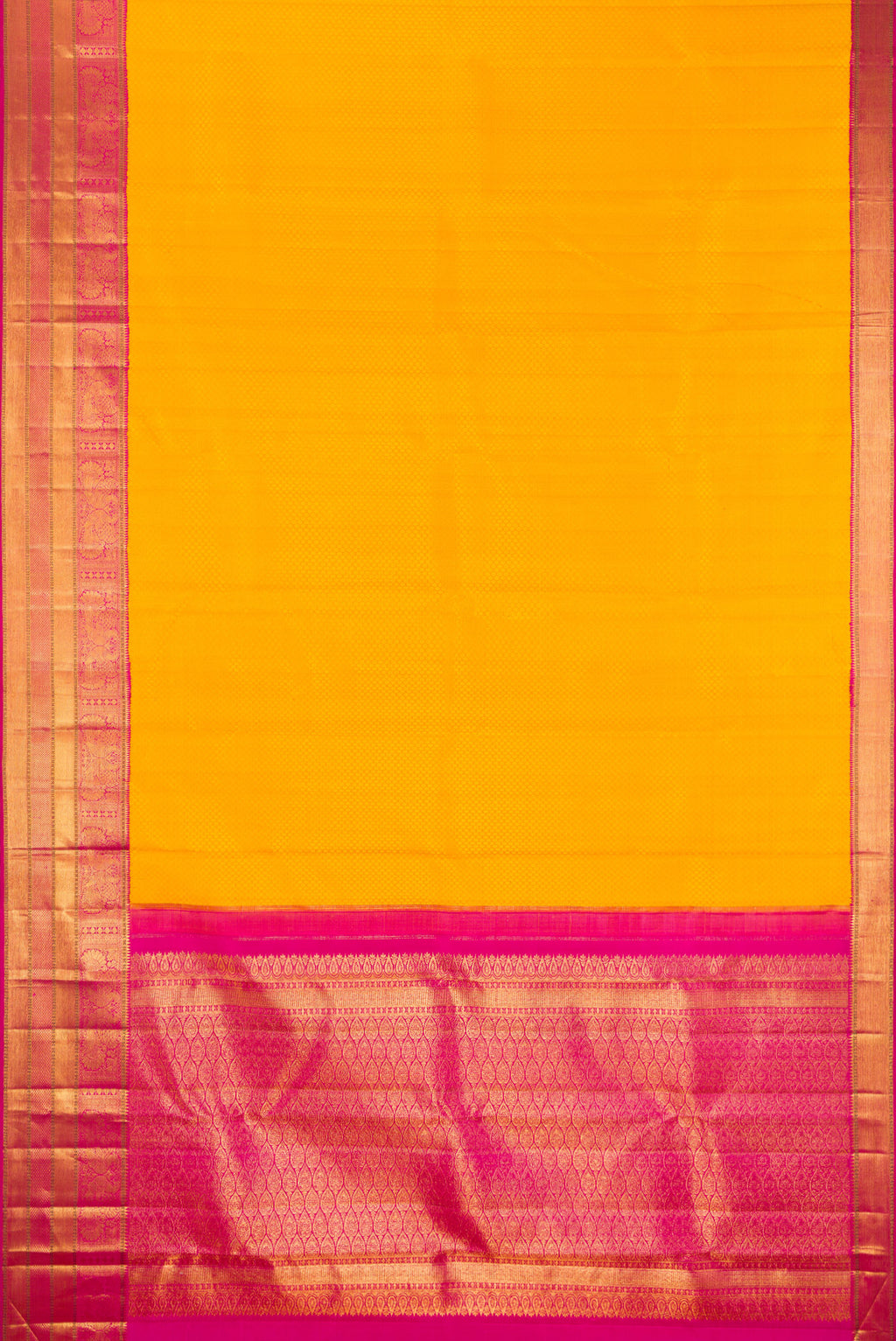 Flat view of Pure Silk Yellow Kanjivaram Saree with Jacquard design on the body and Zari Border. 