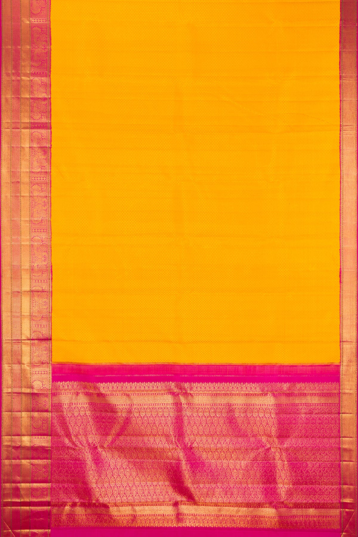 Flat view of Pure Silk Yellow Kanjivaram Saree with Jacquard design on the body and Zari Border. 
