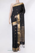 Pure Silk Black Dual Tone Soft Saree with Zari Butta on the body and Zari Border.  displayed on a mannequin