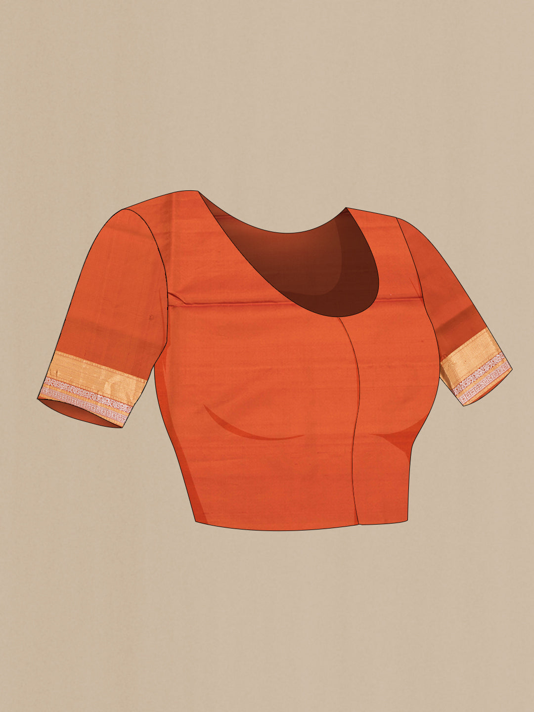 Close up image of the blouse of Pure Silk Rust Dual Tone Soft Saree with Zari Butta on the body and Zari Border. 