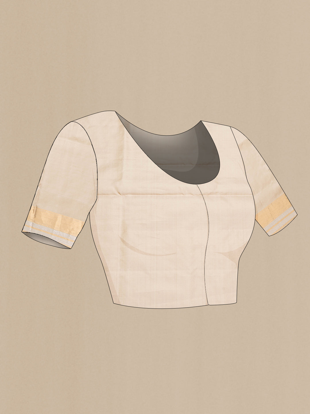 Close up image of the blouse of Pure Silk Beige Dual Tone Soft Saree with Zari Butta on the body and Zari Border. 