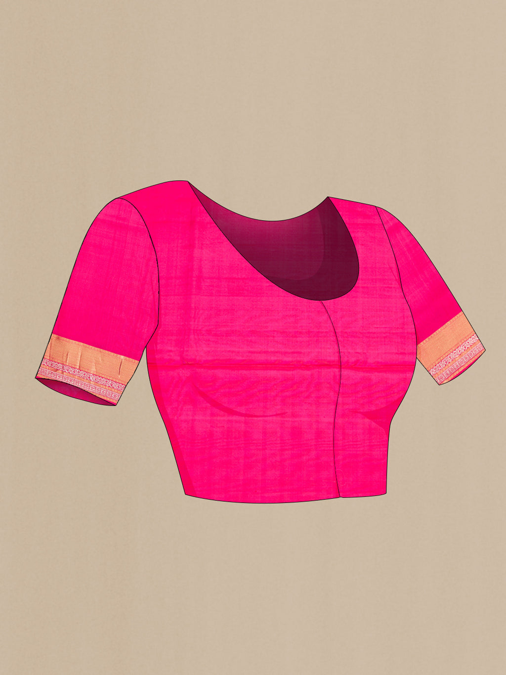 Close up image of the blouse of Pure Silk Rose pink Dual Tone Soft Saree with Zari Butta on the body and Zari Border. 