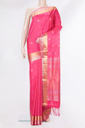 Pure Silk Rose pink Dual Tone Soft Saree with Zari Butta on the body and Zari Border.  displayed on a mannequin