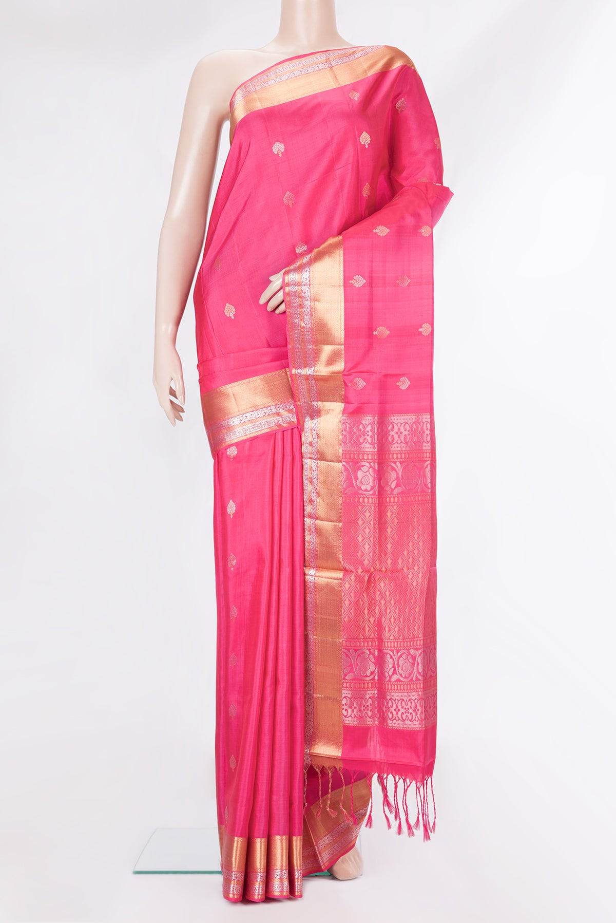 Pure Silk Rose pink Dual Tone Soft Saree with Zari Butta on the body and Zari Border.  displayed on a mannequin