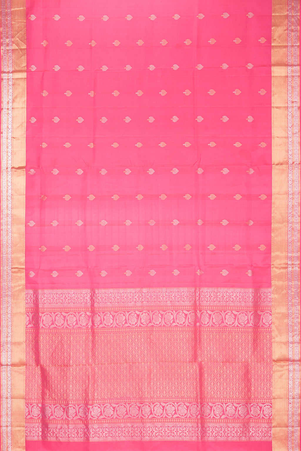 Flat view of Pure Silk Rose pink Dual Tone Soft Saree with Zari Butta on the body and Zari Border. 