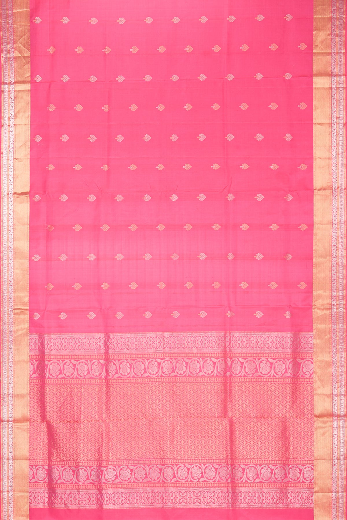 Flat view of Pure Silk Rose pink Dual Tone Soft Saree with Zari Butta on the body and Zari Border. 