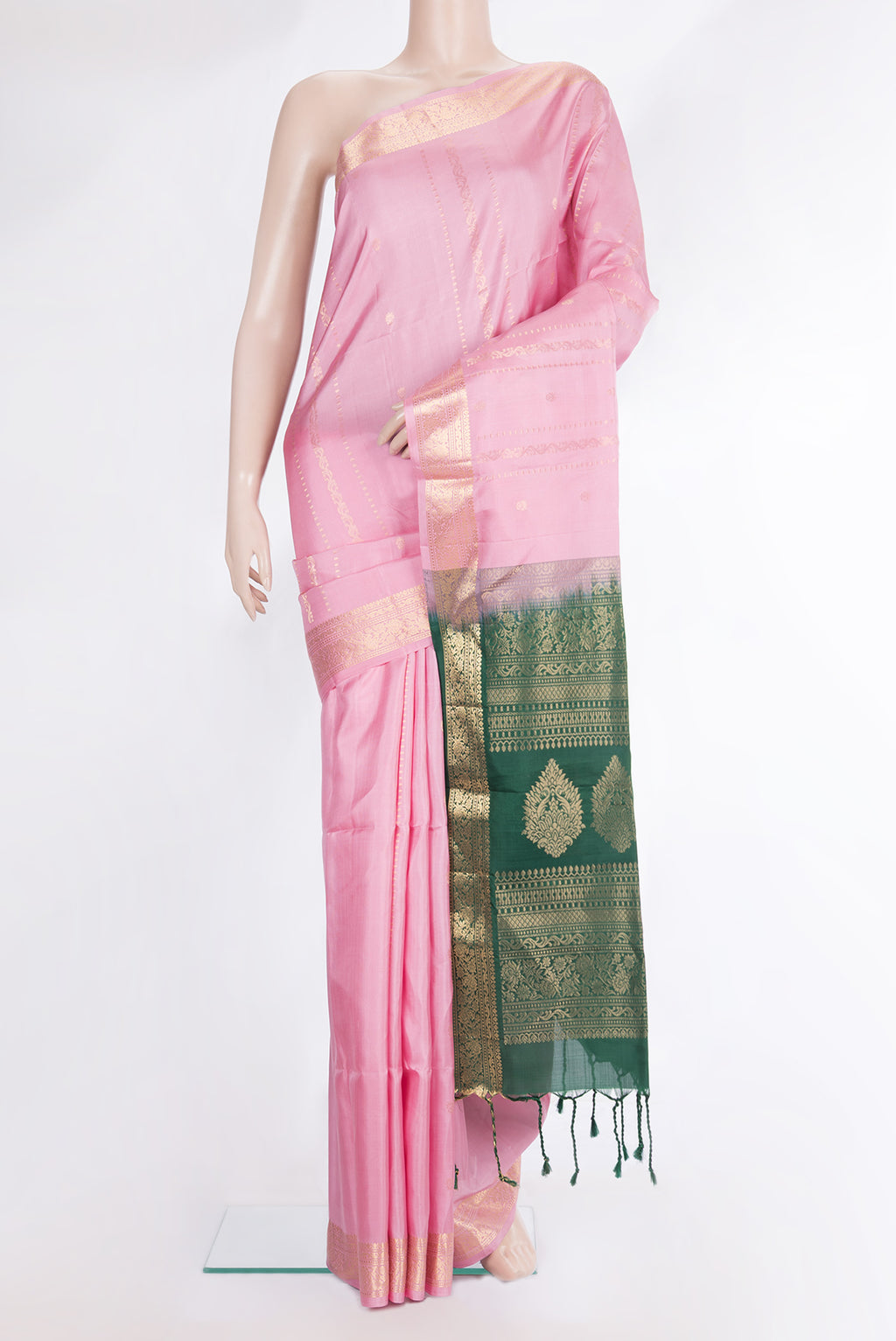 Pure Silk Rose pink Dual Tone Soft Saree with Zari Butta on the body and Zari Border.  displayed on a mannequin