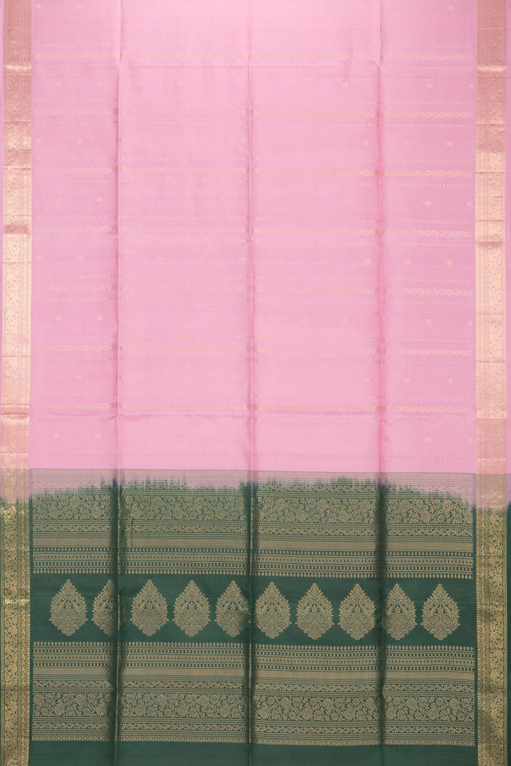 Flat view of Pure Silk Rose pink Dual Tone Soft Saree with Zari Butta on the body and Zari Border. 