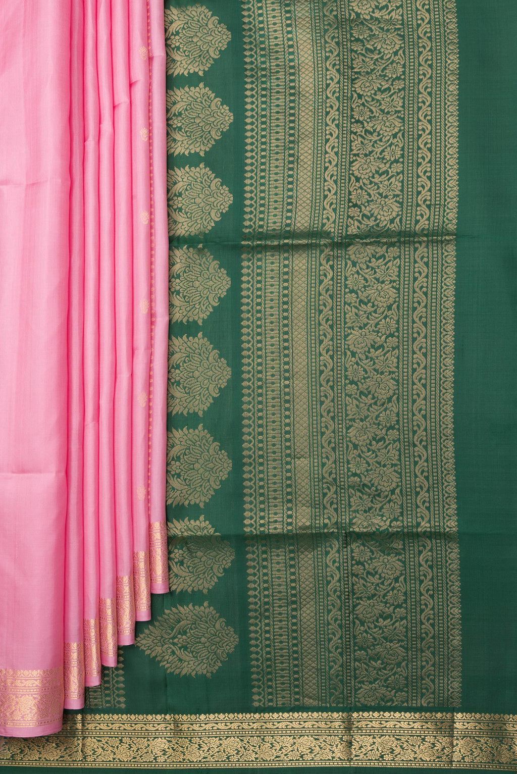 Pleats and pallu of Pure Silk Rose pink Dual Tone Soft Saree with Zari Butta on the body and Zari Border. 