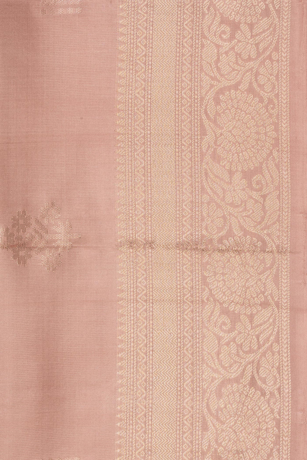 Border image of Pure Silk Rose Gold Dual Tone Soft Saree with Zari Butta on the body and Zari Border. 