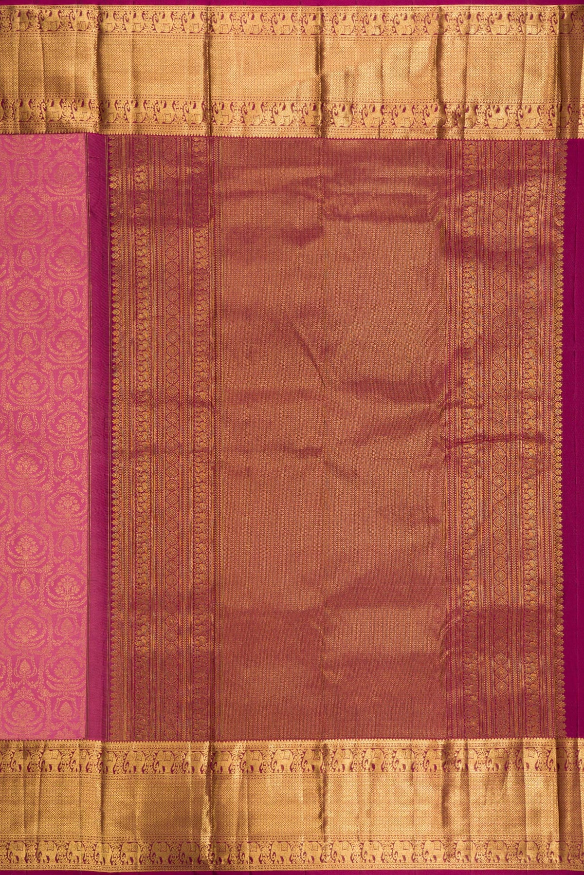 Close up image of the pallu of Pure Silk Rose pink Kanjivaram Saree with Zari Brocade on the body and Zari Border. 