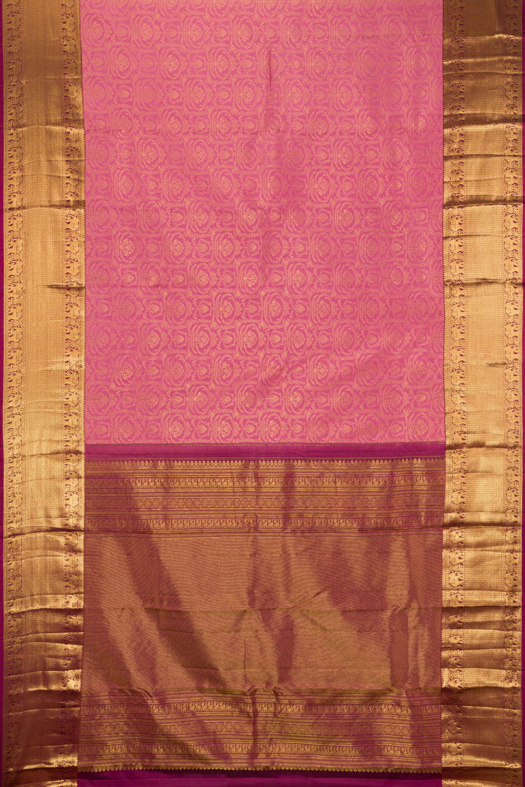 Flat view of Pure Silk Rose pink Kanjivaram Saree with Zari Brocade on the body and Zari Border. 