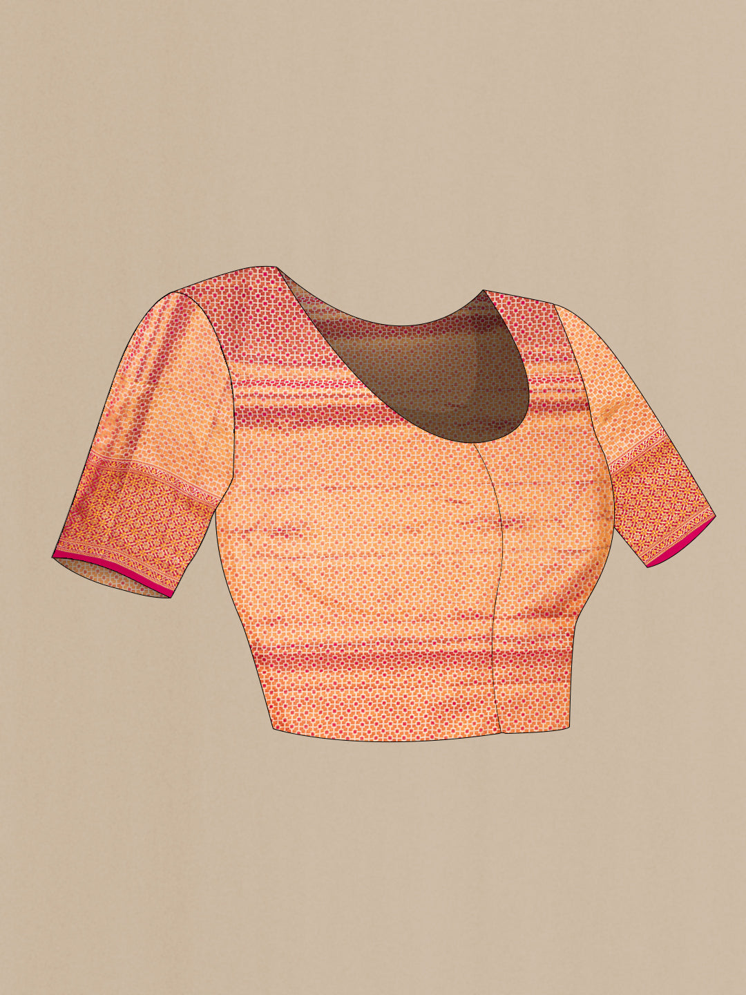 Close up image of the blouse of Rose Gold Dual Tone Kanchipuram Tissue Saree with Zari Brocade on the body and Fancy Border. 