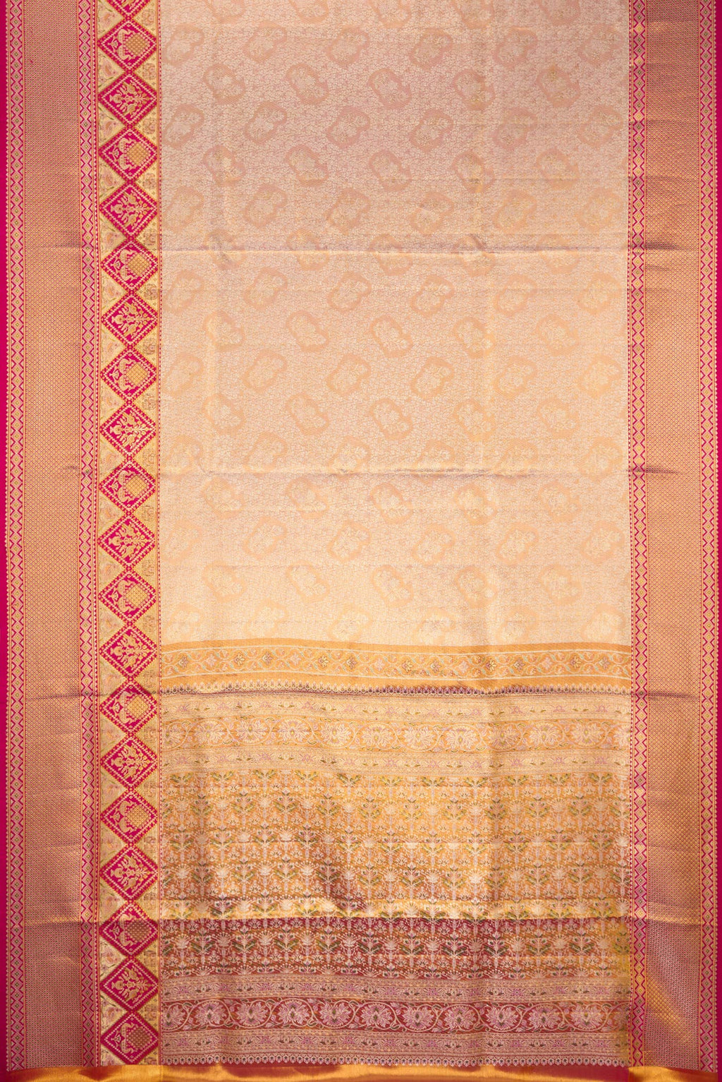 Flat view of Rose Gold Dual Tone Kanchipuram Tissue Saree with Zari Brocade on the body and Fancy Border. 