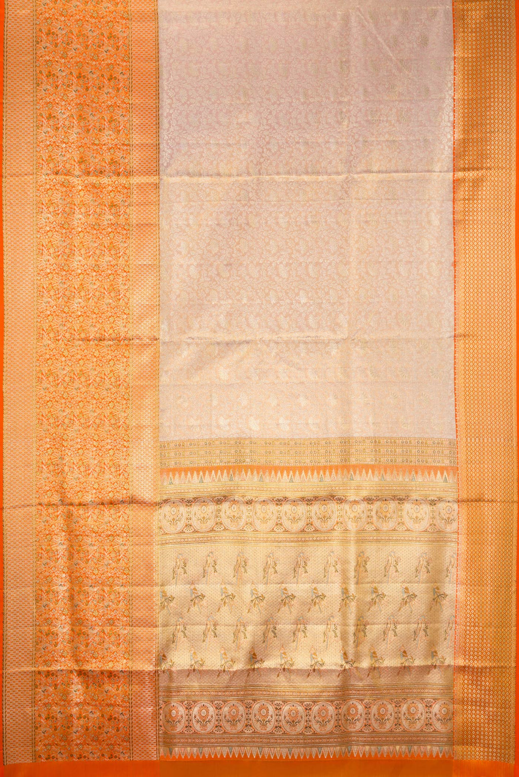 Flat view of Rose Gold Dual Tone Kanchipuram Tissue Saree with Zari Brocade on the body and Fancy Border. 