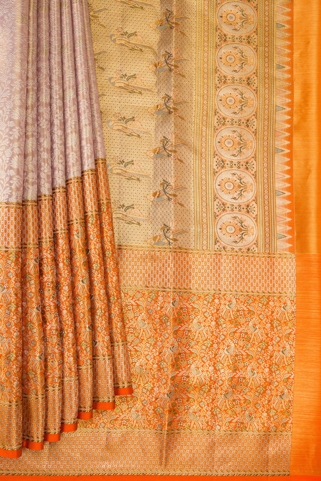 Pleats and pallu of Rose Gold Dual Tone Kanchipuram Tissue Saree with Zari Brocade on the body and Fancy Border. 