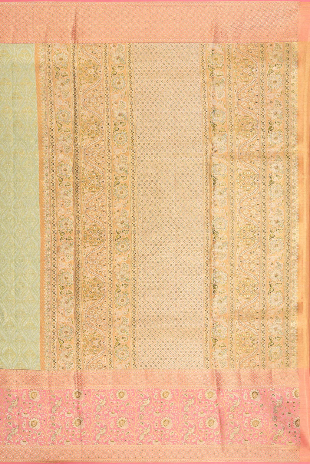 Close up image of the pallu of Pista Green Dual Tone Kanchipuram Tissue Saree with Zari Brocade on the body and Fancy Border. 