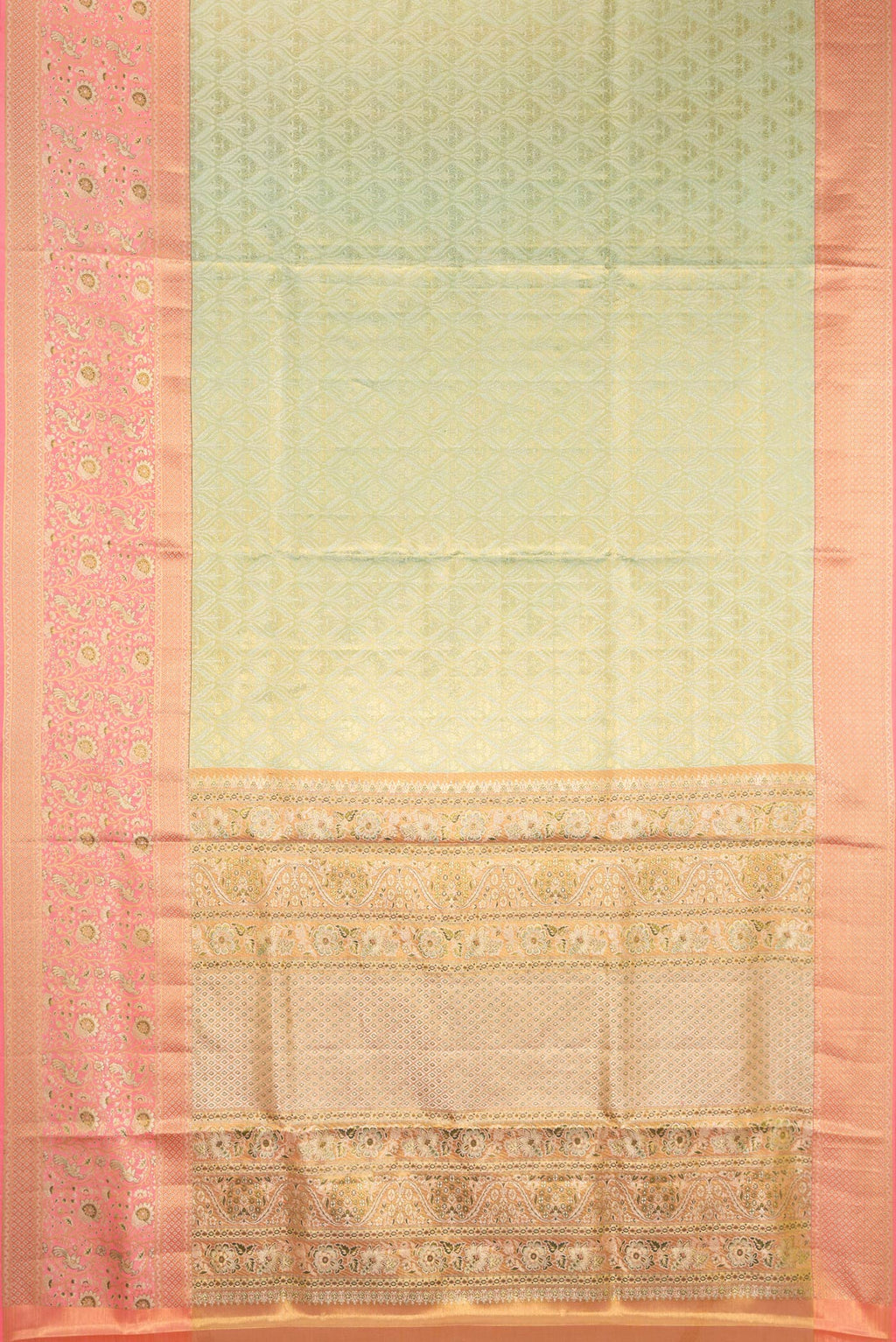 Flat view of Pista Green Dual Tone Kanchipuram Tissue Saree with Zari Brocade on the body and Fancy Border. 
