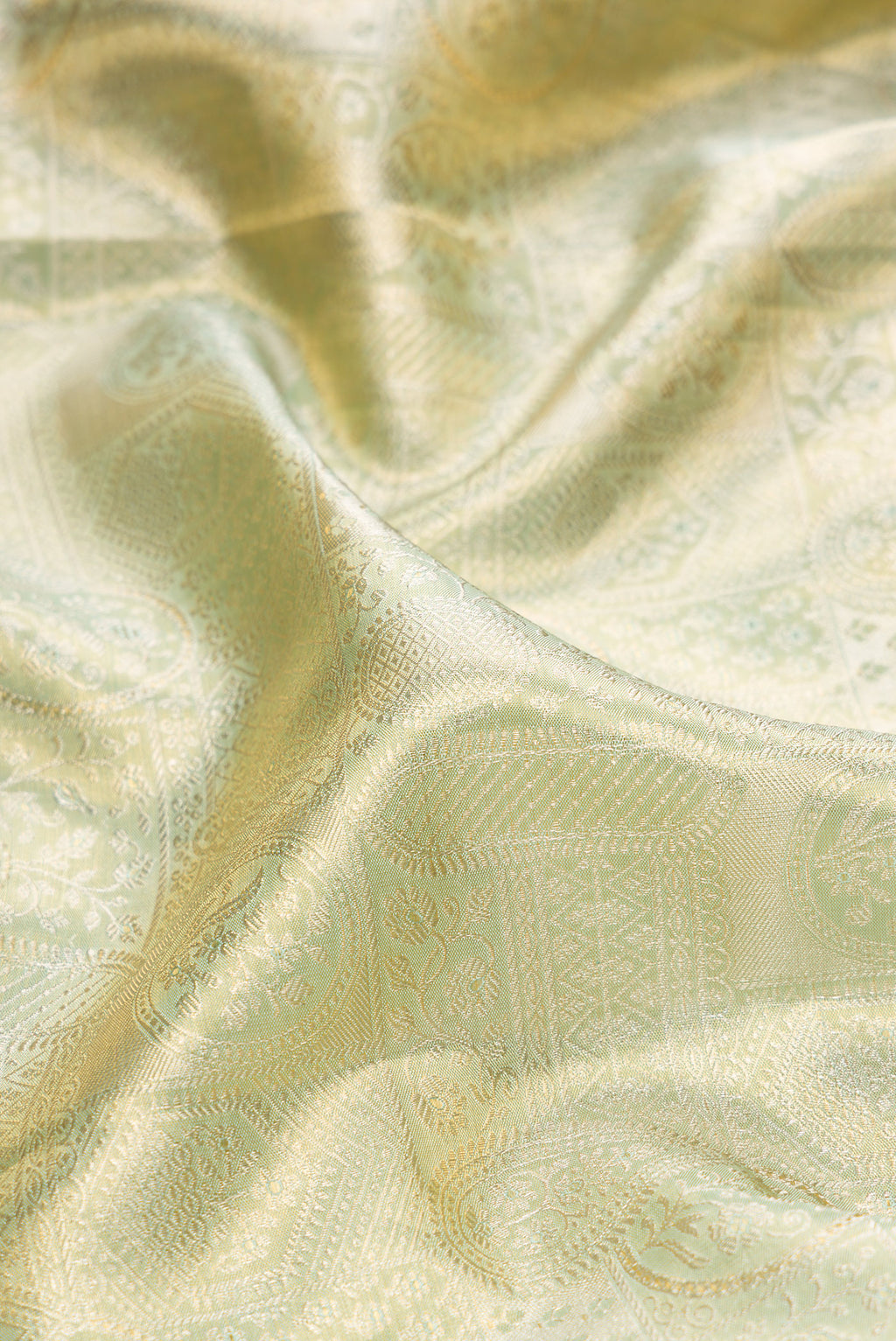 Close up of Pista Green Dual Tone Kanchipuram Tissue Saree with Zari Brocade on the body and Fancy Border.  displaying folds