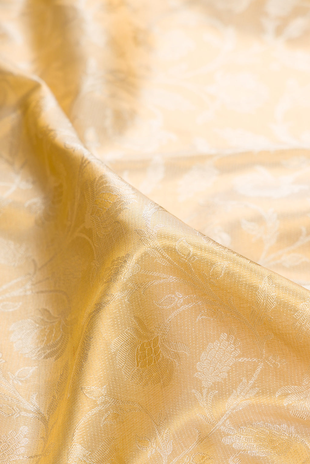 Close up of Gold Dual Tone Kanchipuram Tissue Saree with Zari Brocade on the body and Fancy Border.  displaying folds