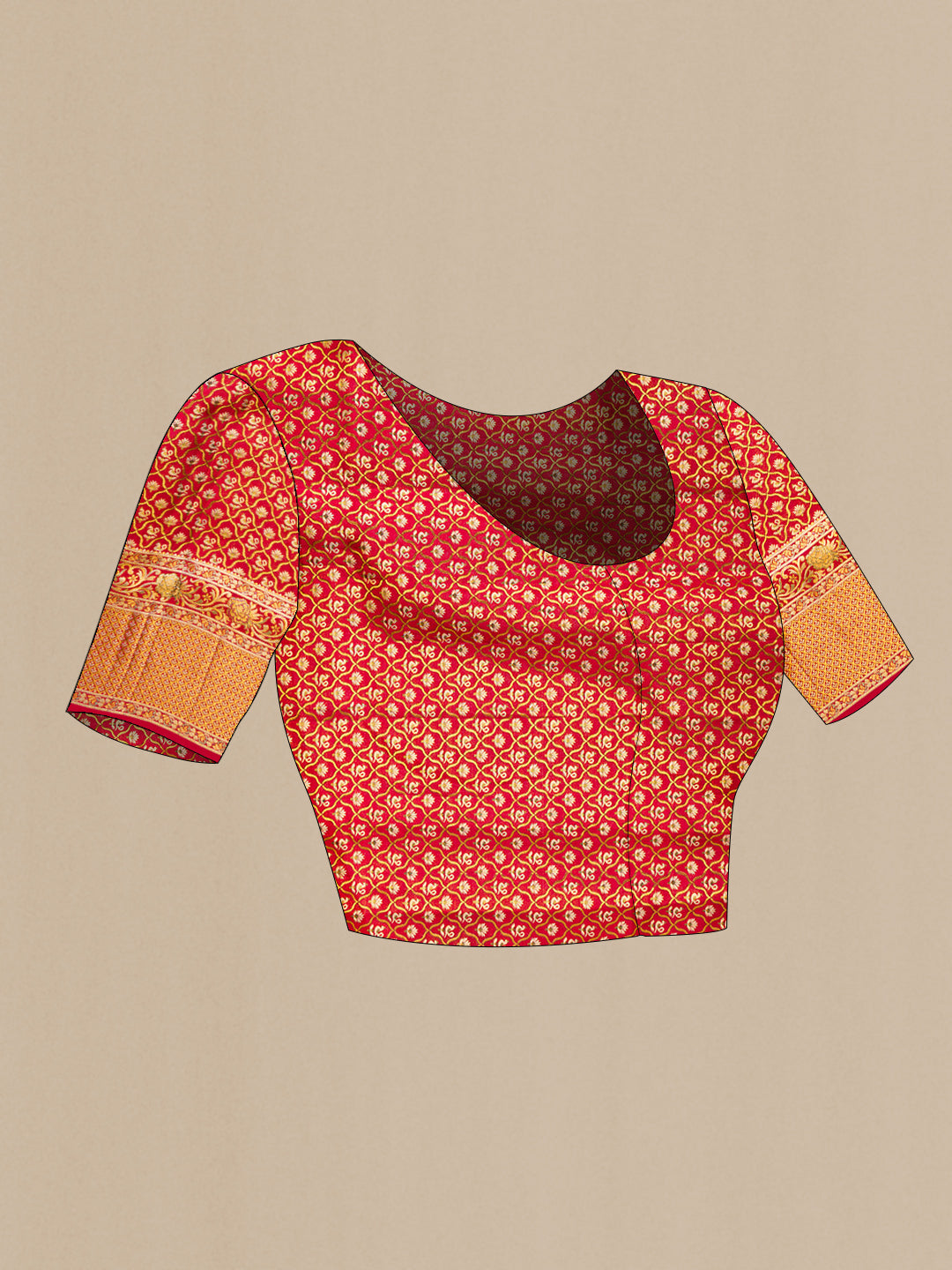 Close up image of the blouse of Deep Red Dual Tone Kanchipuram Tissue Saree with Zari Brocade on the body and Fancy Border. 