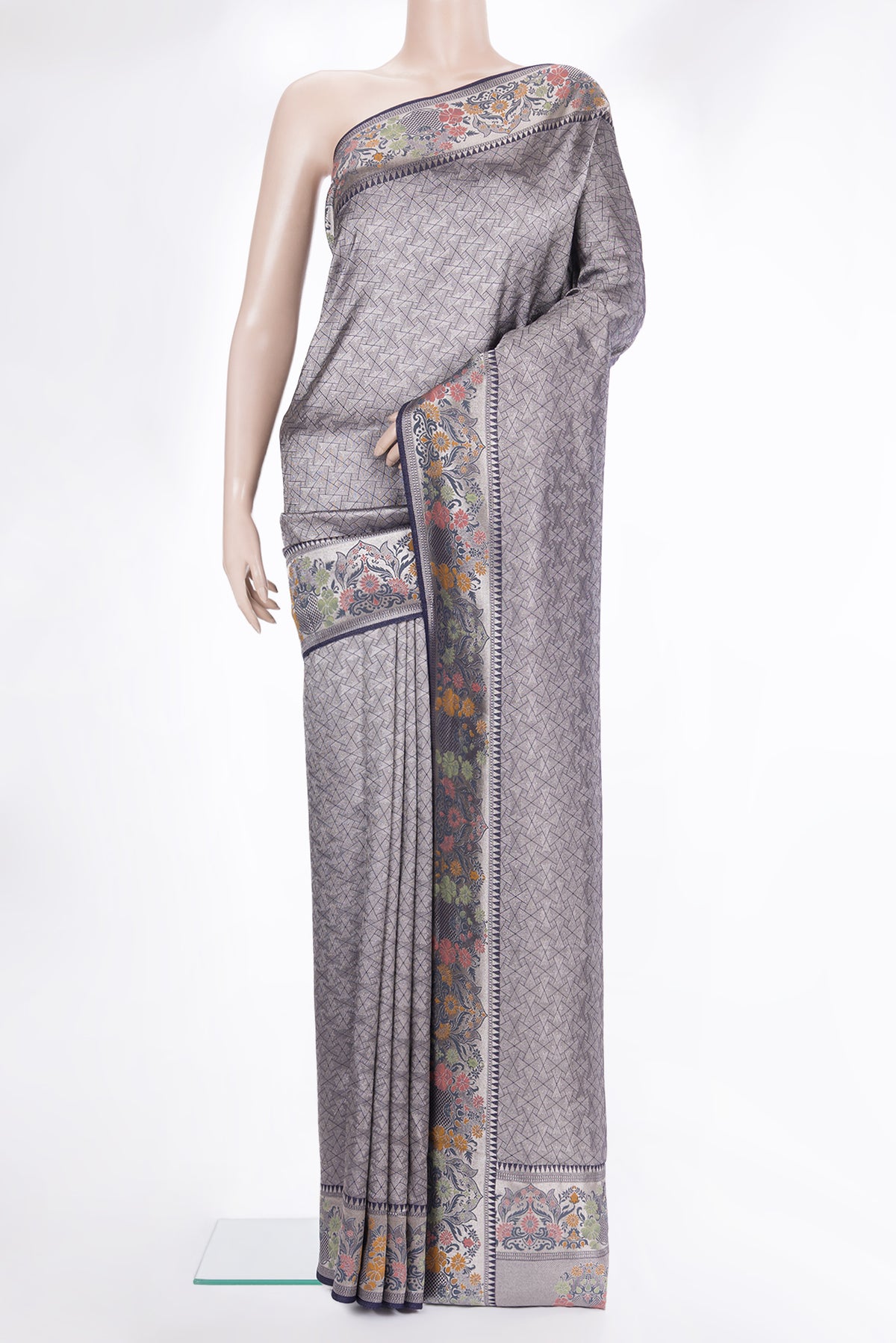 Navy Blue Dual Tone Blended Banarasi Silk Saree with Zari Brocade on the body and Fancy Border.  displayed on a mannequin