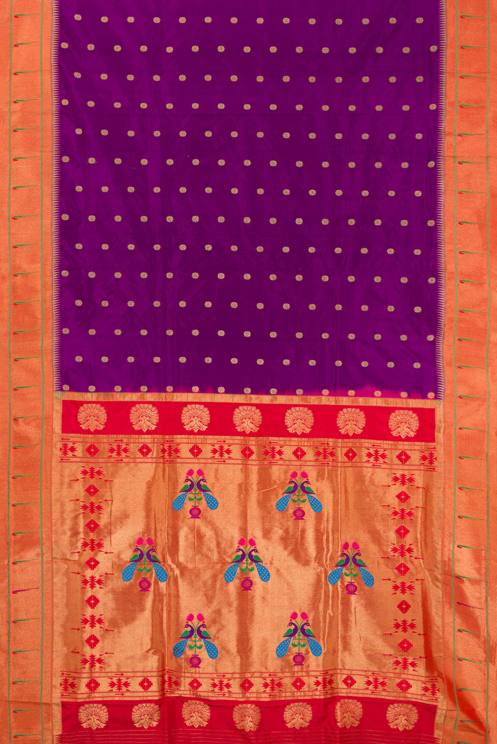 Flat view of Pure Silk Purple Paithani Saree with Zari Butta on the body and Paithani Border. 