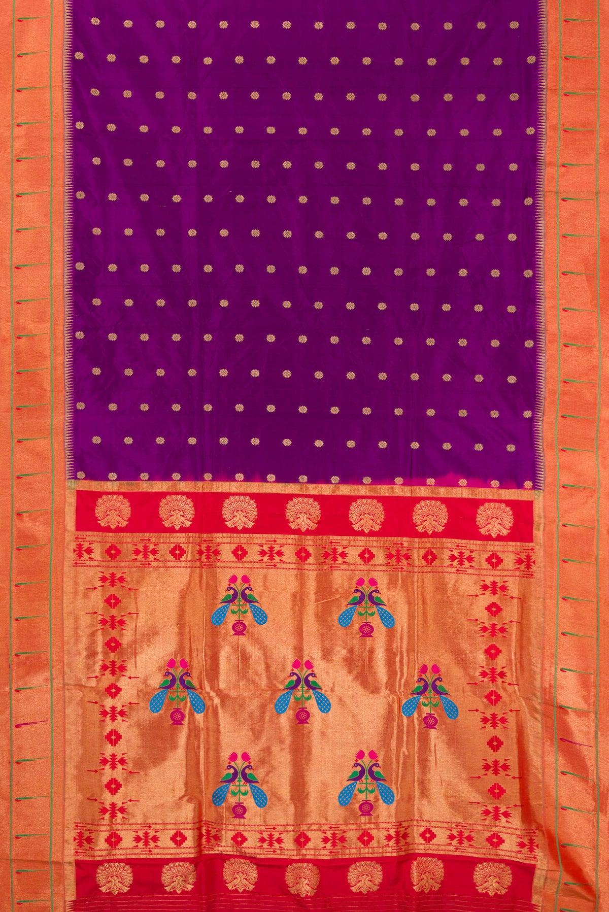 Flat view of Pure Silk Purple Paithani Saree with Zari Butta on the body and Paithani Border. 