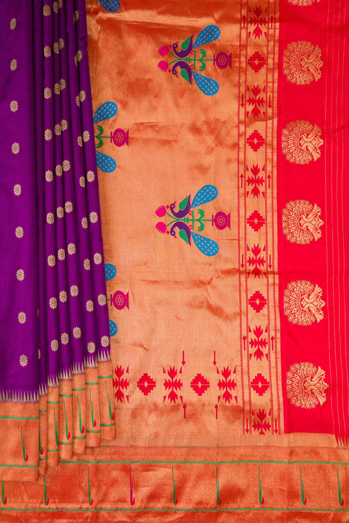 Pleats and pallu of Pure Silk Purple Paithani Saree with Zari Butta on the body and Paithani Border. 