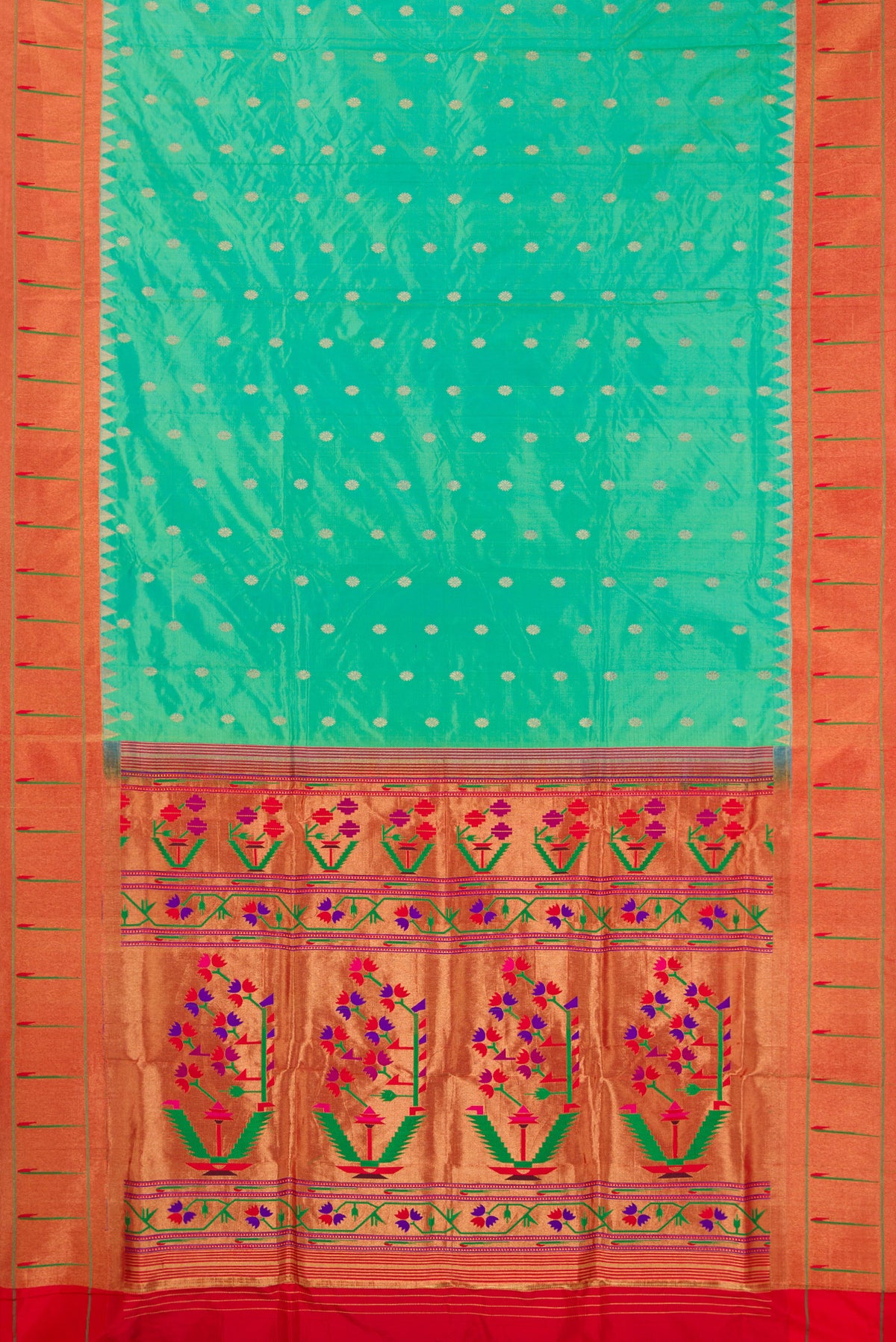 Flat view of Pure Silk Sea Green Paithani Saree with Zari Butta on the body and Paithani Border. 