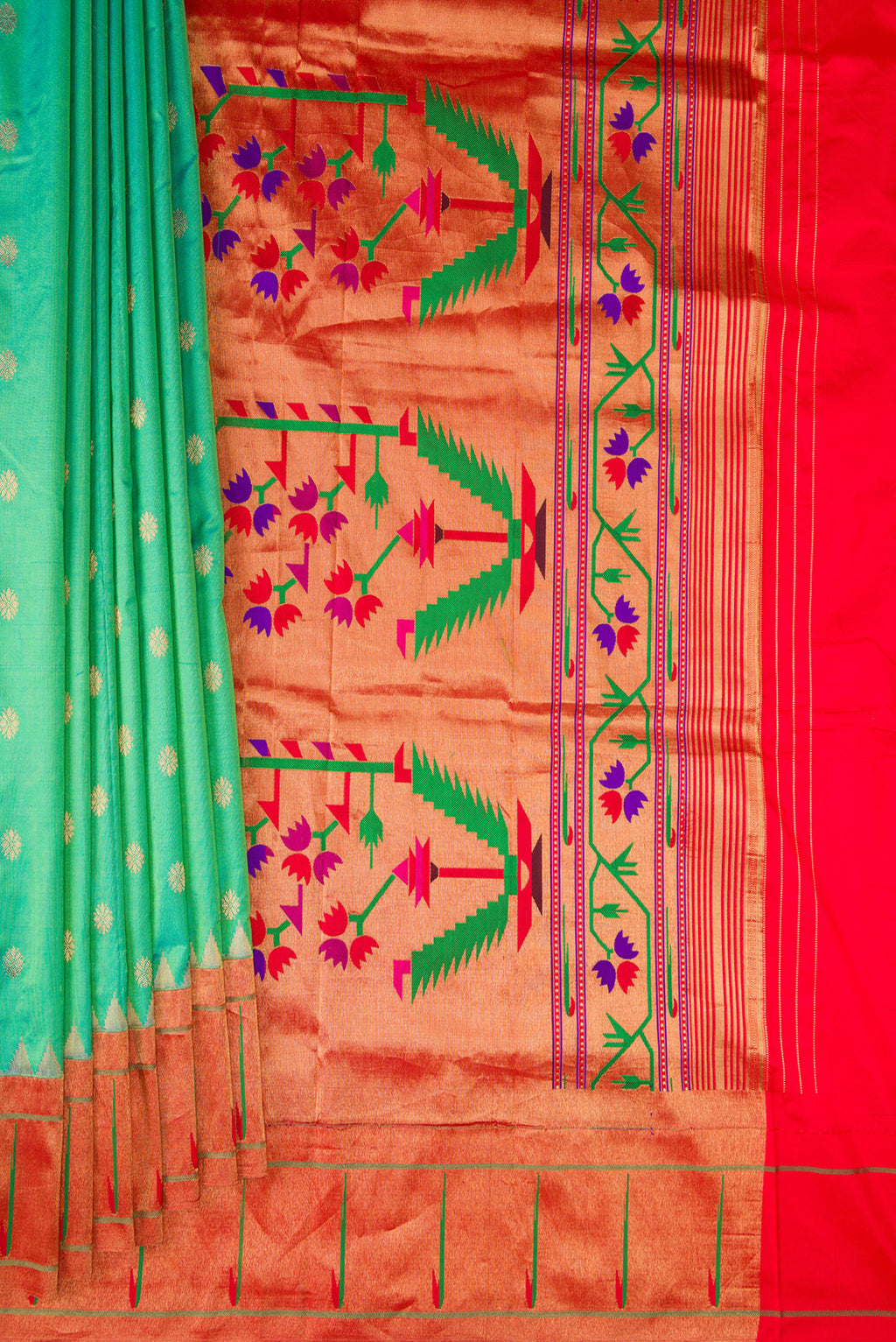 Pleats and pallu of Pure Silk Sea Green Paithani Saree with Zari Butta on the body and Paithani Border. 