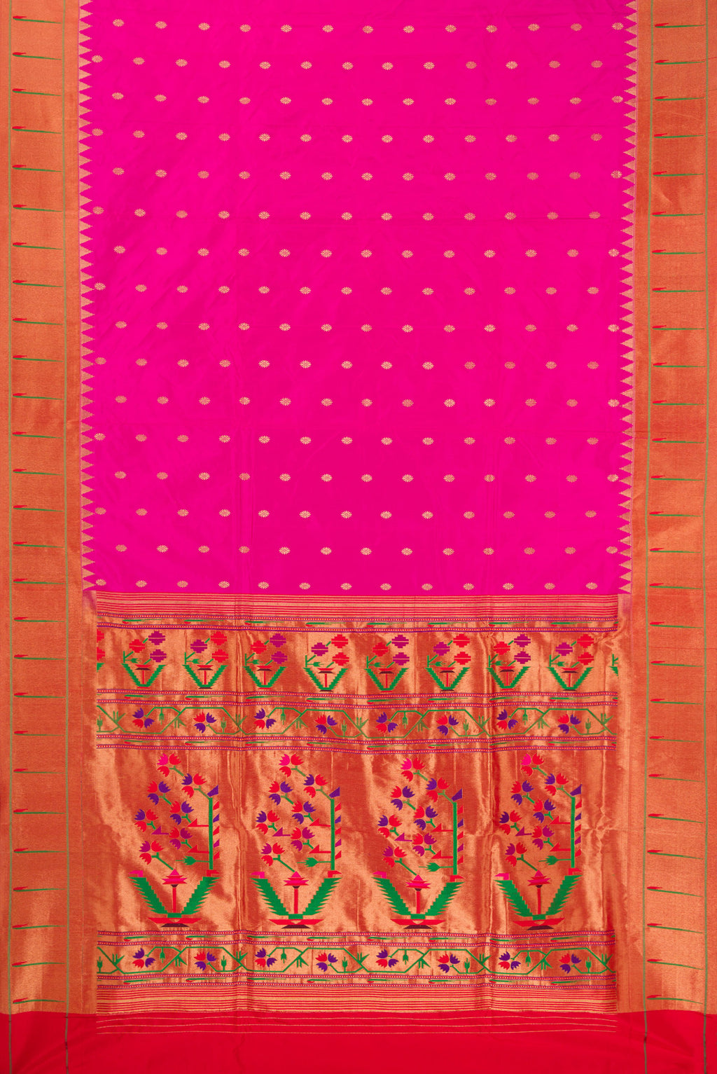 Flat view of Pure Silk Pink Paithani Saree with Zari Butta on the body and Paithani Border. 