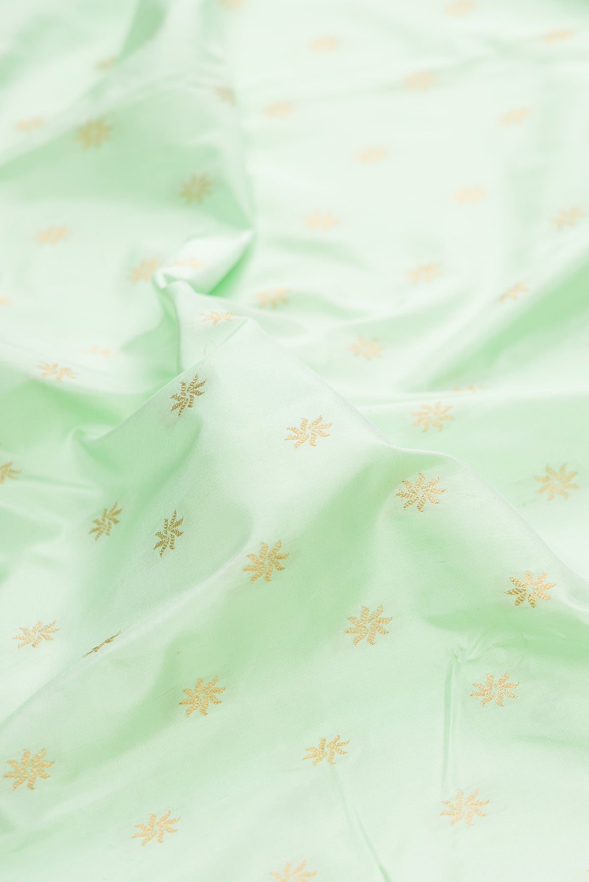 Close up of Pure Silk Light Green Paithani Saree with Zari Butta on the body and Paithani Border.  displaying folds