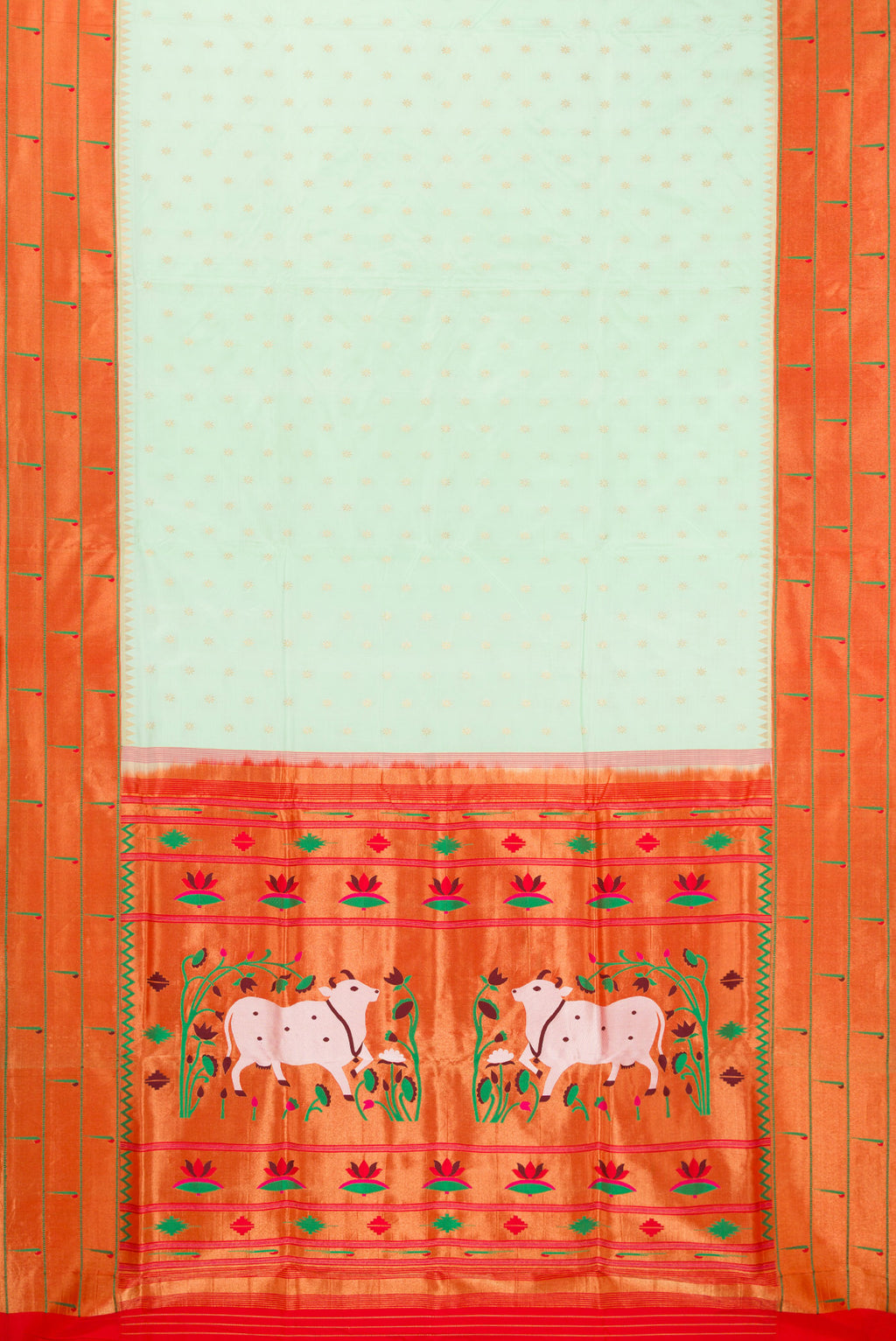 Flat view of Pure Silk Light Green Paithani Saree with Zari Butta on the body and Paithani Border. 