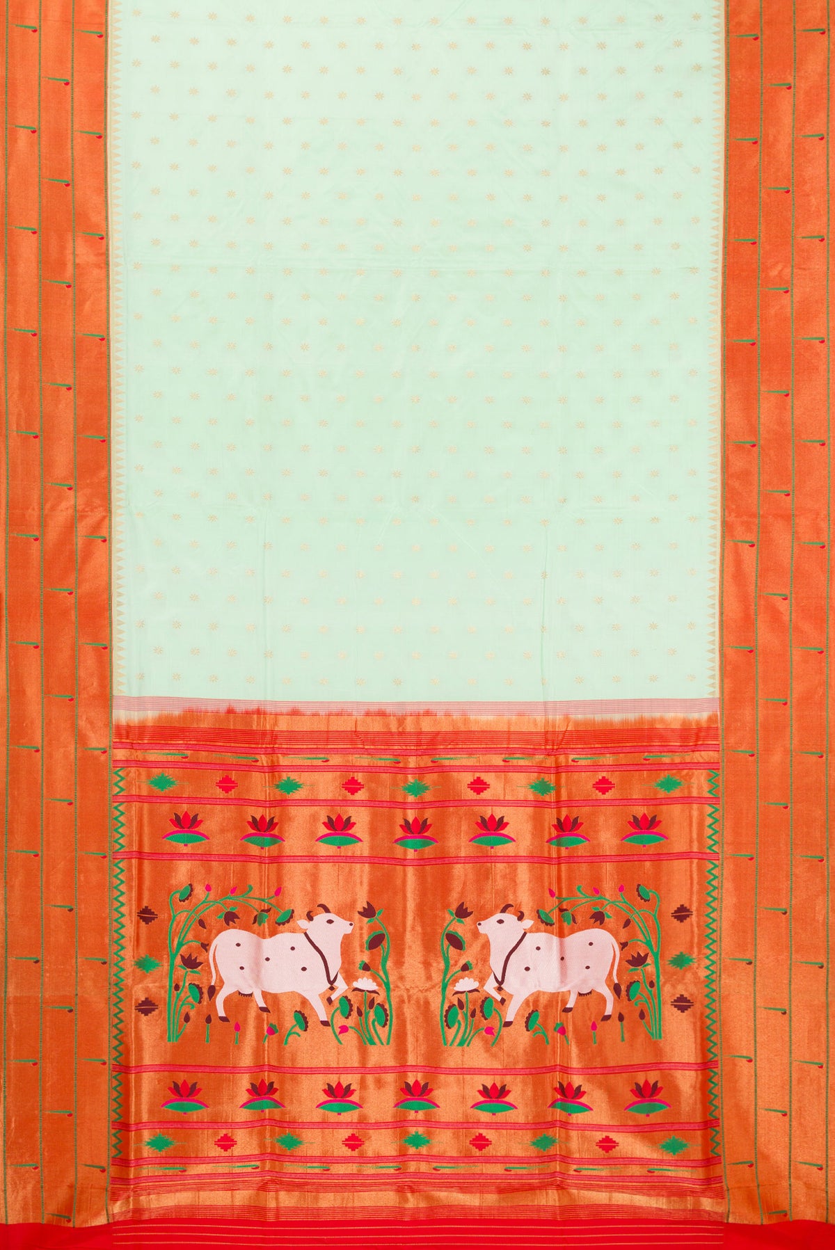 Flat view of Pure Silk Light Green Paithani Saree with Zari Butta on the body and Paithani Border. 