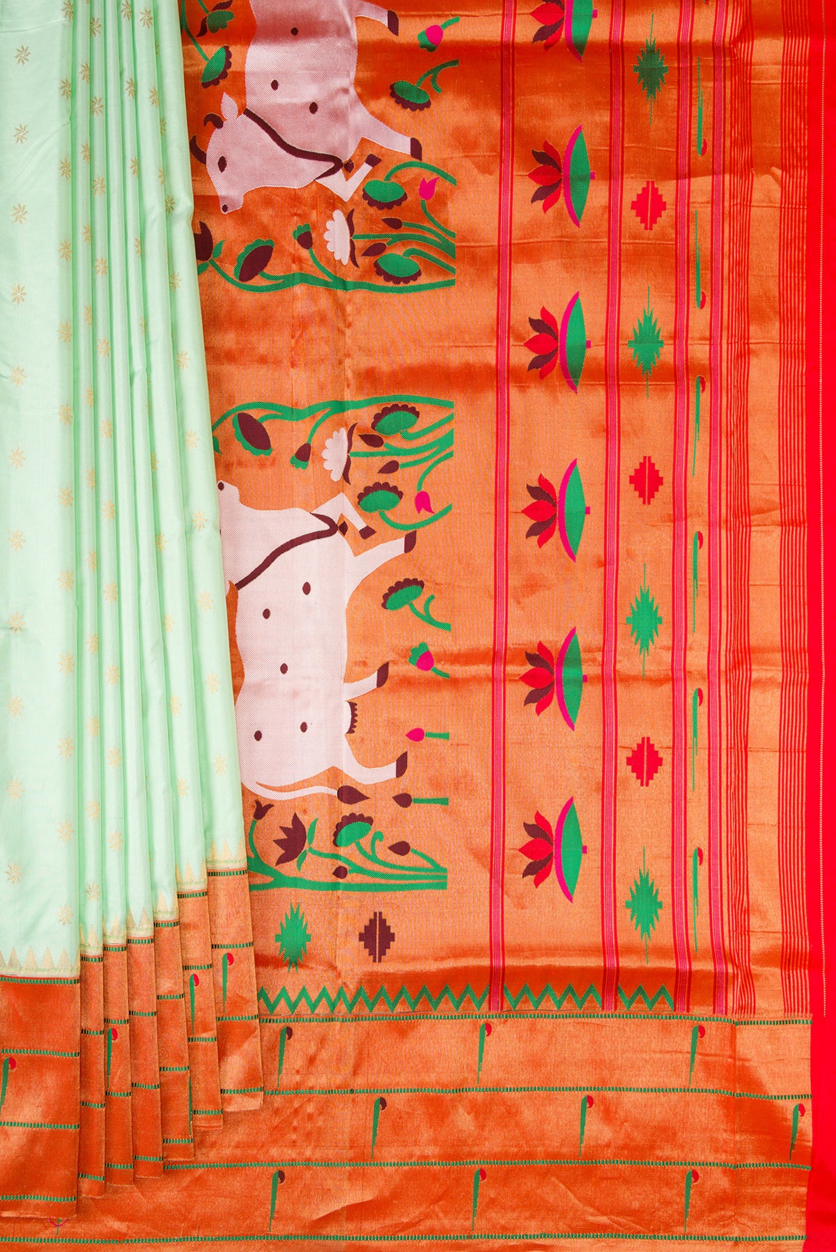 Pleats and pallu of Pure Silk Light Green Paithani Saree with Zari Butta on the body and Paithani Border. 