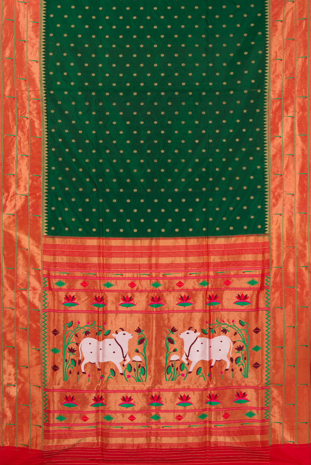 Flat view of Pure Silk Bottle Green Paithani Saree with Zari Butta on the body and Paithani Border. 