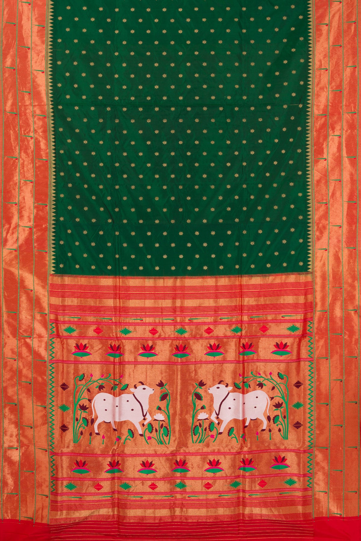 Flat view of Pure Silk Bottle Green Paithani Saree with Zari Butta on the body and Paithani Border. 