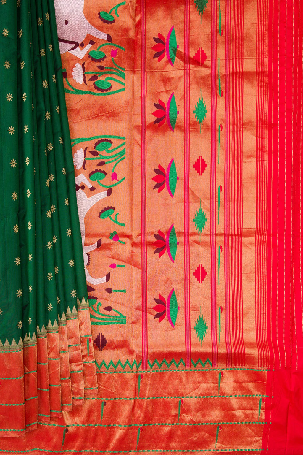Pleats and pallu of Pure Silk Bottle Green Paithani Saree with Zari Butta on the body and Paithani Border. 